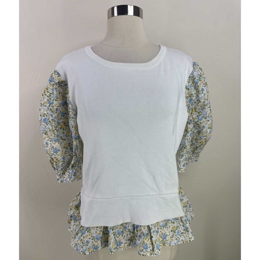 Anthropologie White Knit Top with Blue Floral Puff Sleeves